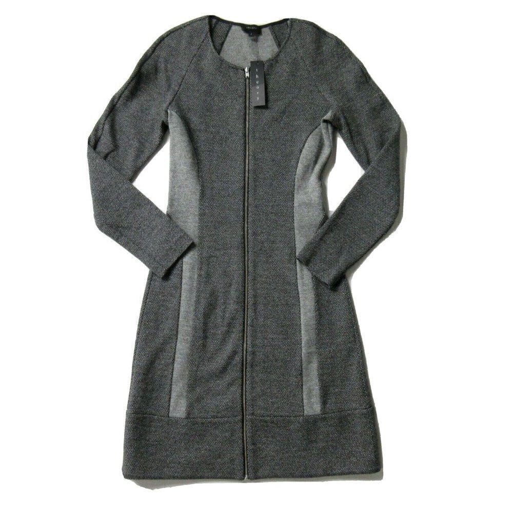 NWT THEORY Chayenne B Cityscape in Black White Knit Zip Front Dress 2 $355